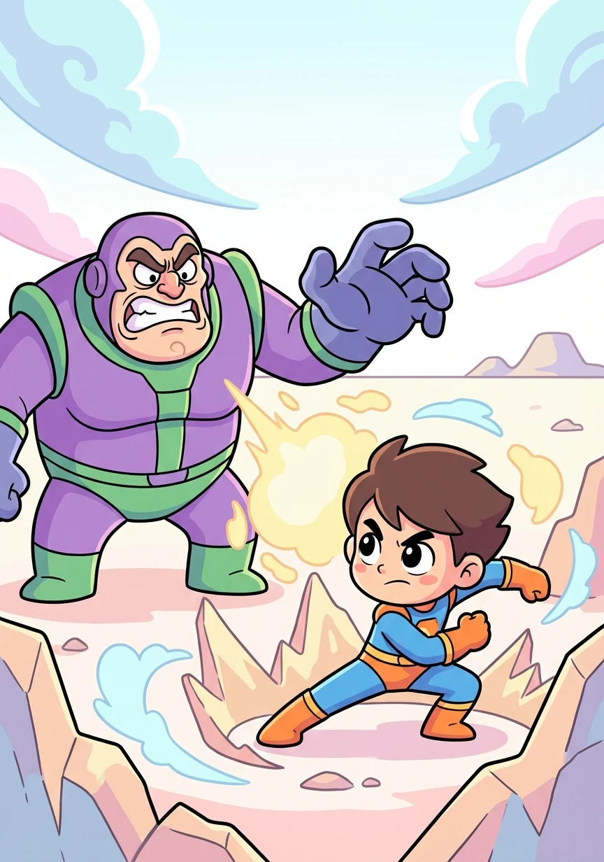 O vilão surge! Ele é alto, forte e tem um olhar ameaçador. Uma batalha épica começa entre Hiroki e o supervilão.