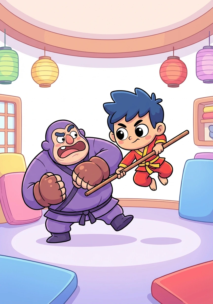 Hiroki luta bravamente, desviando dos golpes do vilão. Ele usa a inteligência e a agilidade para superar a força bruta do oponente.