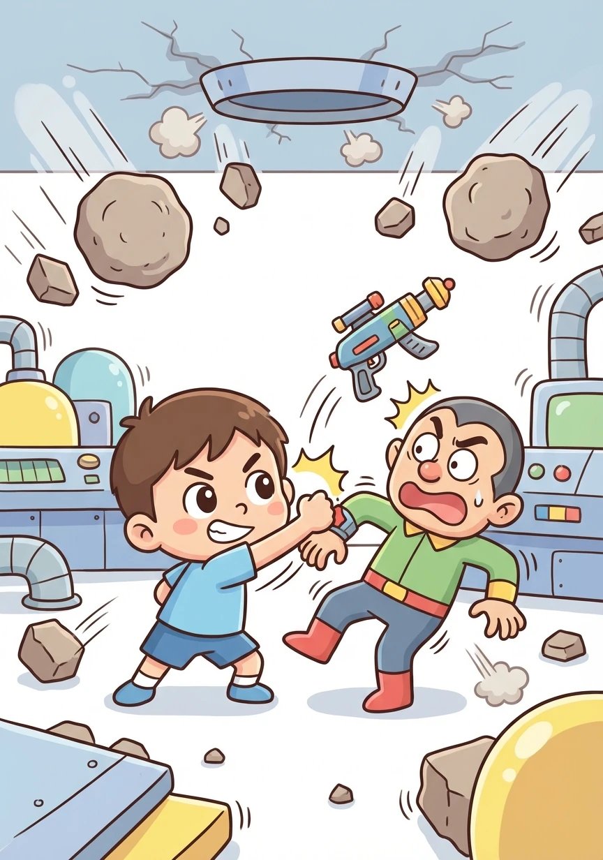 Com um golpe certeiro, Hiroki desativa a arma do vilão! A base começa a tremer e desmoronar.