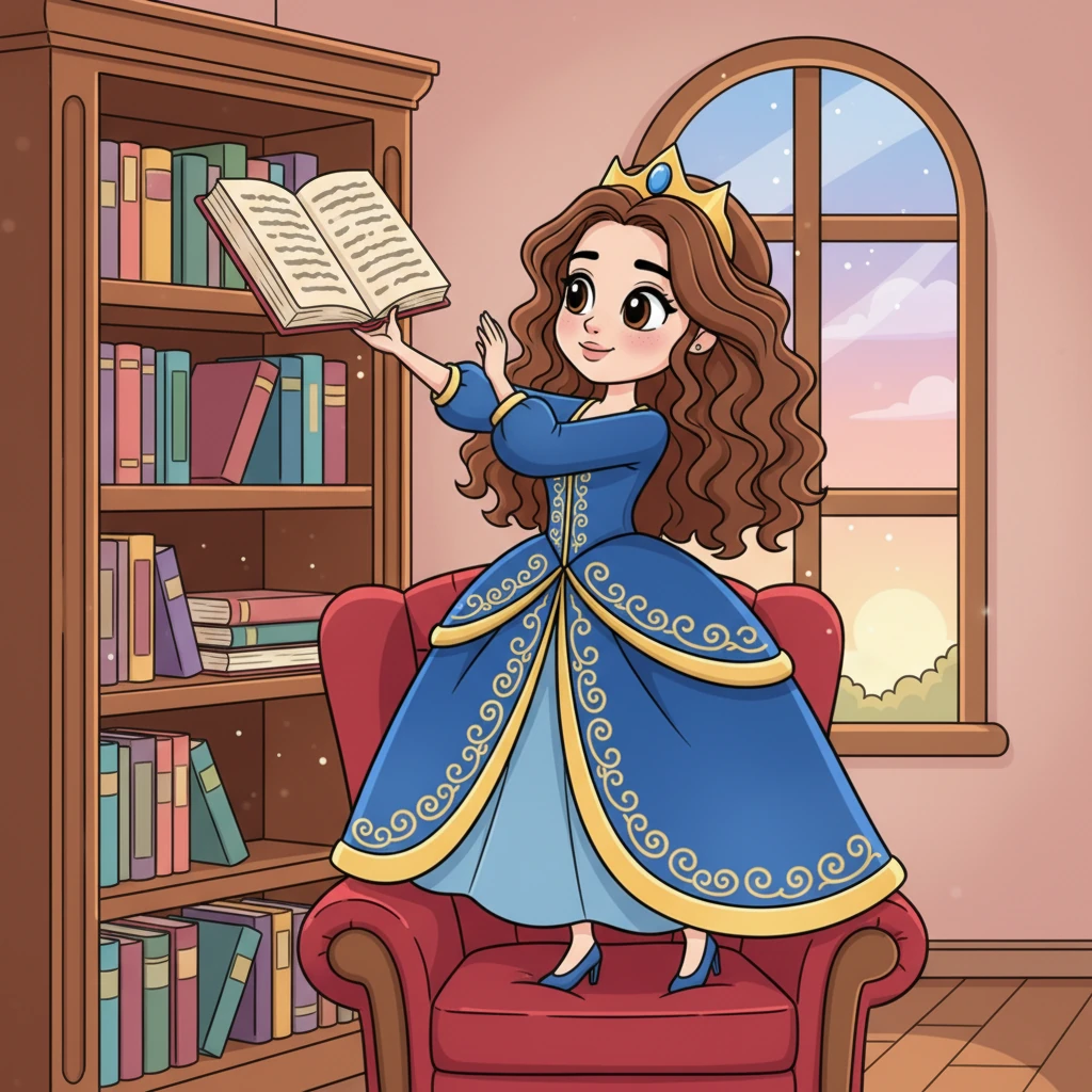 Princess Lilybelle, with her long brown hair, stood elegantly in her magnificent velvet blue and gold gown. She was known for her quiet grace and gentle smile, often preferring the company of books to grand balls.
