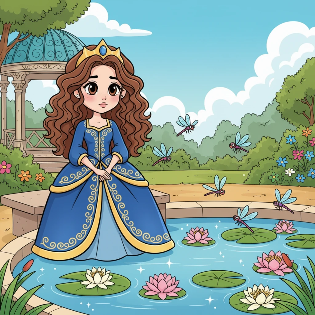One sunny afternoon, she ventured into the royal gardens, a place she found peace. She sat by a sparkling lily pond, watching dragonflies dance, feeling a familiar pang of shyness.