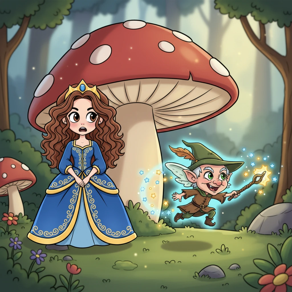 Suddenly, a mischievous glint appeared from behind a giant mushroom. A tiny, cackling old pixie, with a crooked hat and sparkling eyes, zipped into view, holding a glowing wand.