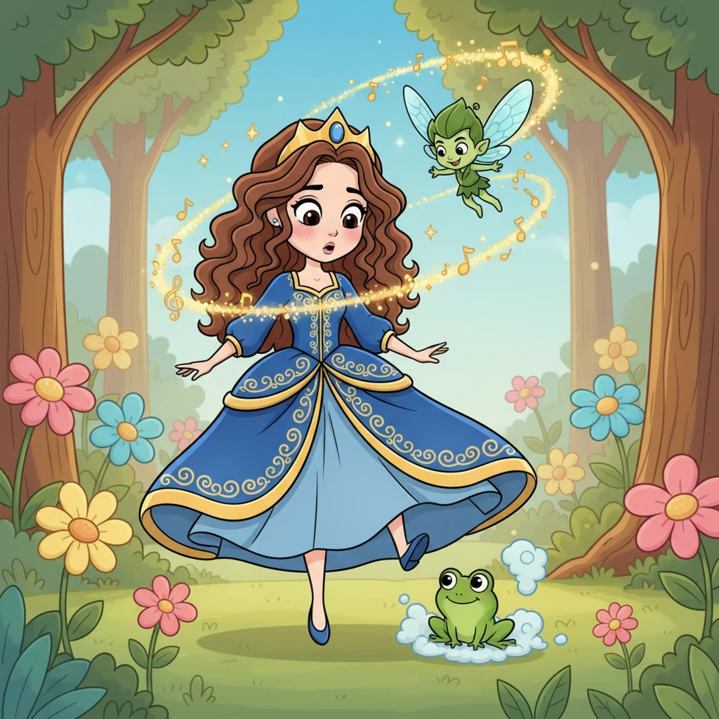 Before Lilybelle could even curtsy, the pixie zoomed around her, chanting a playful, rhyming spell. "Shy princess, grand and tall, a little hop before you fall! Into a frog, green and small, until you answer nature's call!"