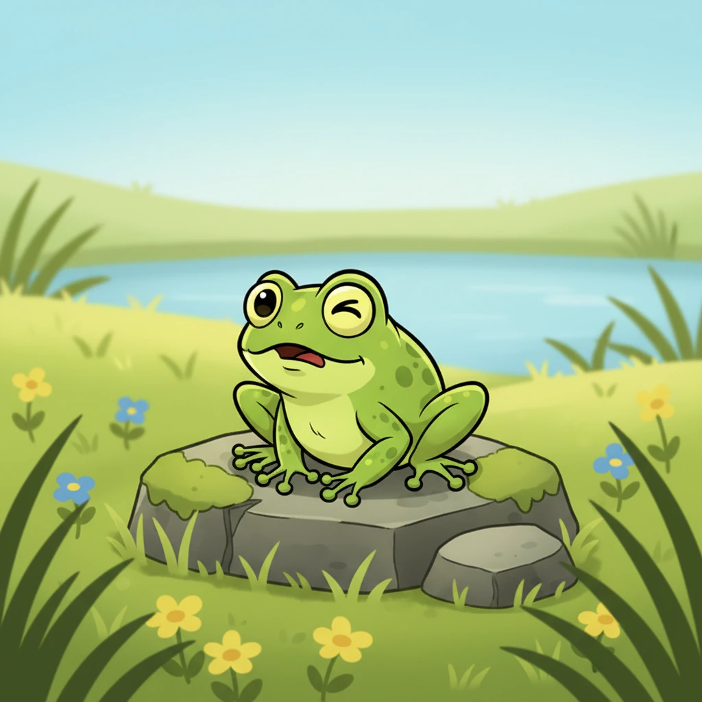 Where the princess once sat, now perched a tiny, bumpy, bright green frog with big, startled eyes. It blinked, utterly bewildered, its little froggy fingers twitching.