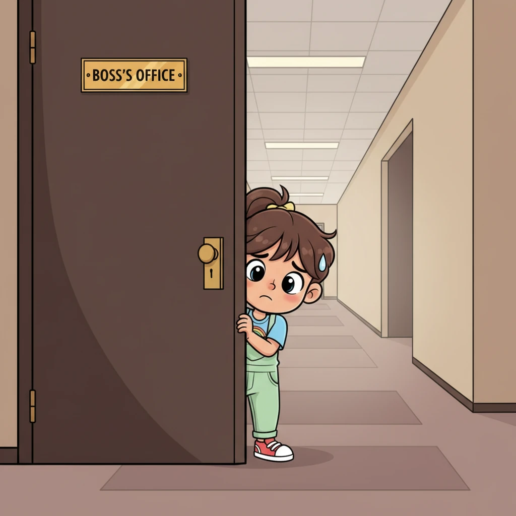 Leo stands hunched over, looking very small and worried, peeking around the corner of a tall, imposing office door labeled 'Boss's Office'. Their shoulders are slumped, and a tiny bead of sweat trickles down their exaggeratedly furrowed brow, hinting at the stress of the impending meeting.