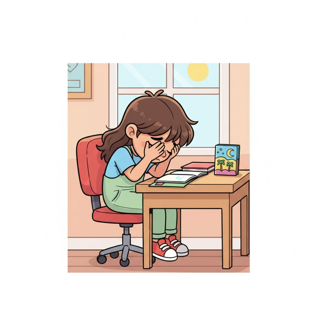 Back at their desk, Leo collapses into their swivel chair, head buried in their hands, forming a perfect little ball of despair. Papers are scattered around them, but their attention is entirely on their heavy heart, completely missing the colorful, inviting box of Al-'Ajaybi Chocolate sitting innocently at the edge of the desk.