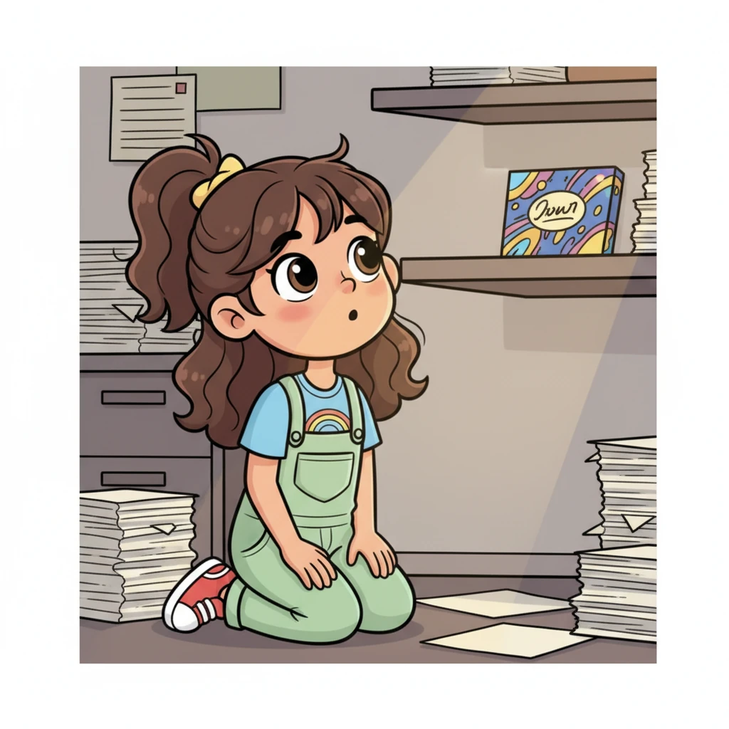 Slowly, Leo lifts their head, a faint glimmer of light catching their eye. Their gaze shifts, and they spot the Al-'Ajaybi Chocolate box, a vibrant splash of color against the mundane office backdrop. A tiny, almost imperceptible spark of curiosity ignites in their expressive cartoon eyes.