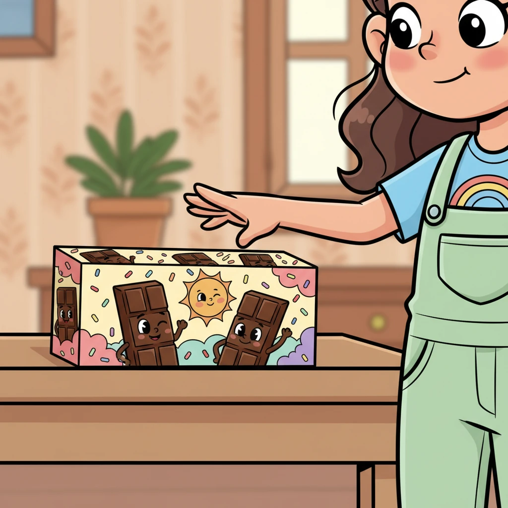 With a hesitant but hopeful gesture, Leo's hand reaches out towards the chocolate box. Their fingers hover for a moment, the decision hanging in the air like a tiny, optimistic cloud. The playful design of the chocolate box seems to wink at them.