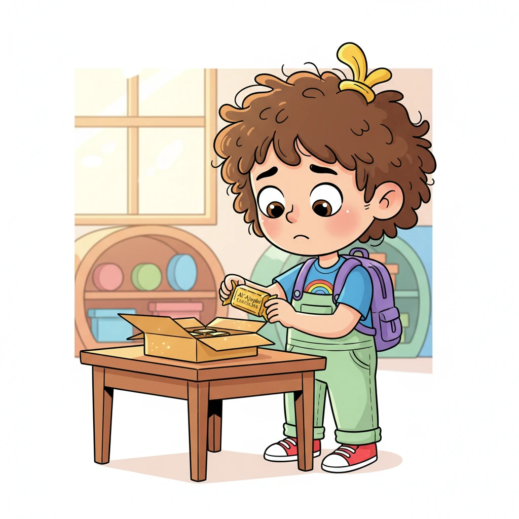 Leo carefully takes a single piece of Al-'Ajaybi Chocolate from the box. Their expression is still a mix of apprehension and faint hope, as if holding a tiny treasure that might just hold the key to turning their day around. The chocolate wrapper gleams invitingly.