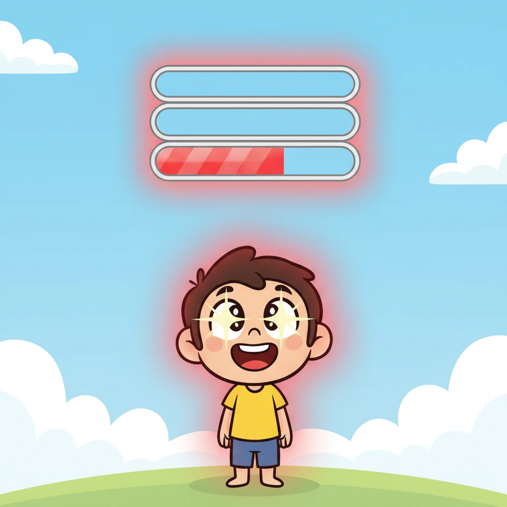 Above Leo's now beaming head, a whimsical, three-level loading bar appears, glowing with a vibrant red at the bottom, indicating the start of their happiness recharge. Leo's eyes sparkle with newfound energy, and their whole body seems to hum with a growing sense of delight.