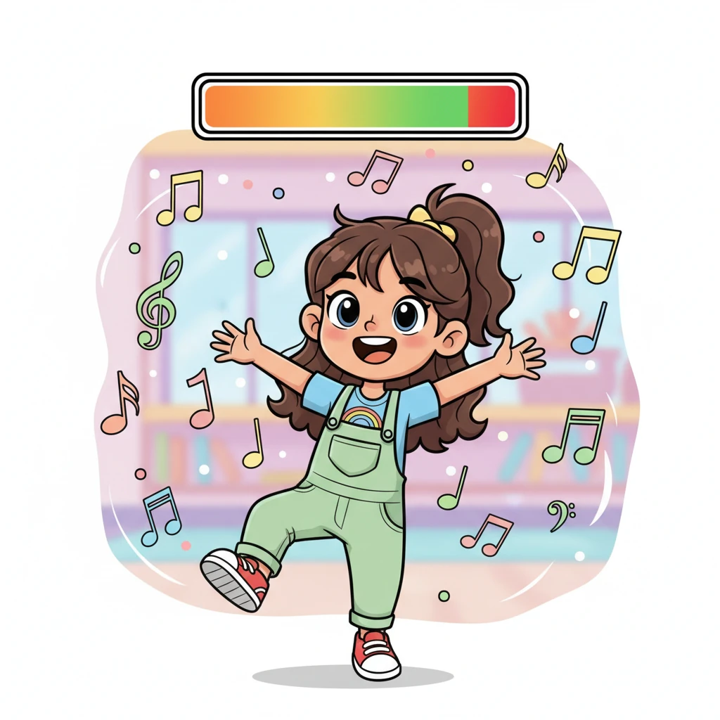 The loading bar above Leo's head rapidly fills, transitioning from red to a warm, cheerful orange, then almost fully green. Leo's happiness is visibly bubbling over, their arms are outstretched in a dynamic pose, and their feet are doing a little happy jig, surrounded by floating musical notes.