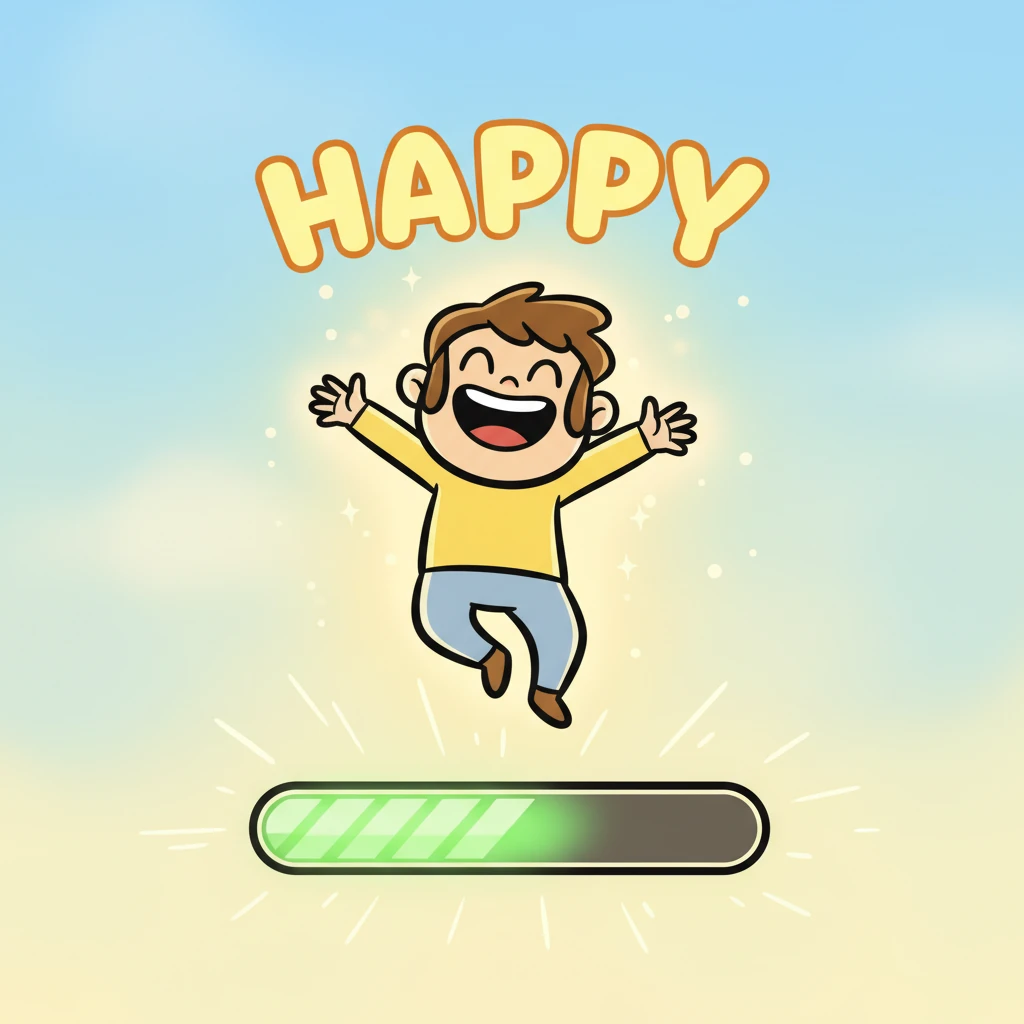With a final flourish, the loading bar glows a brilliant, full green, bursting with light, and the word 'HAPPY' appears in bold, joyful letters above Leo's head! Leo is now practically floating with pure elation, radiating happiness in every exaggerated, cartoonish line, a testament to their complete and utter recharge.