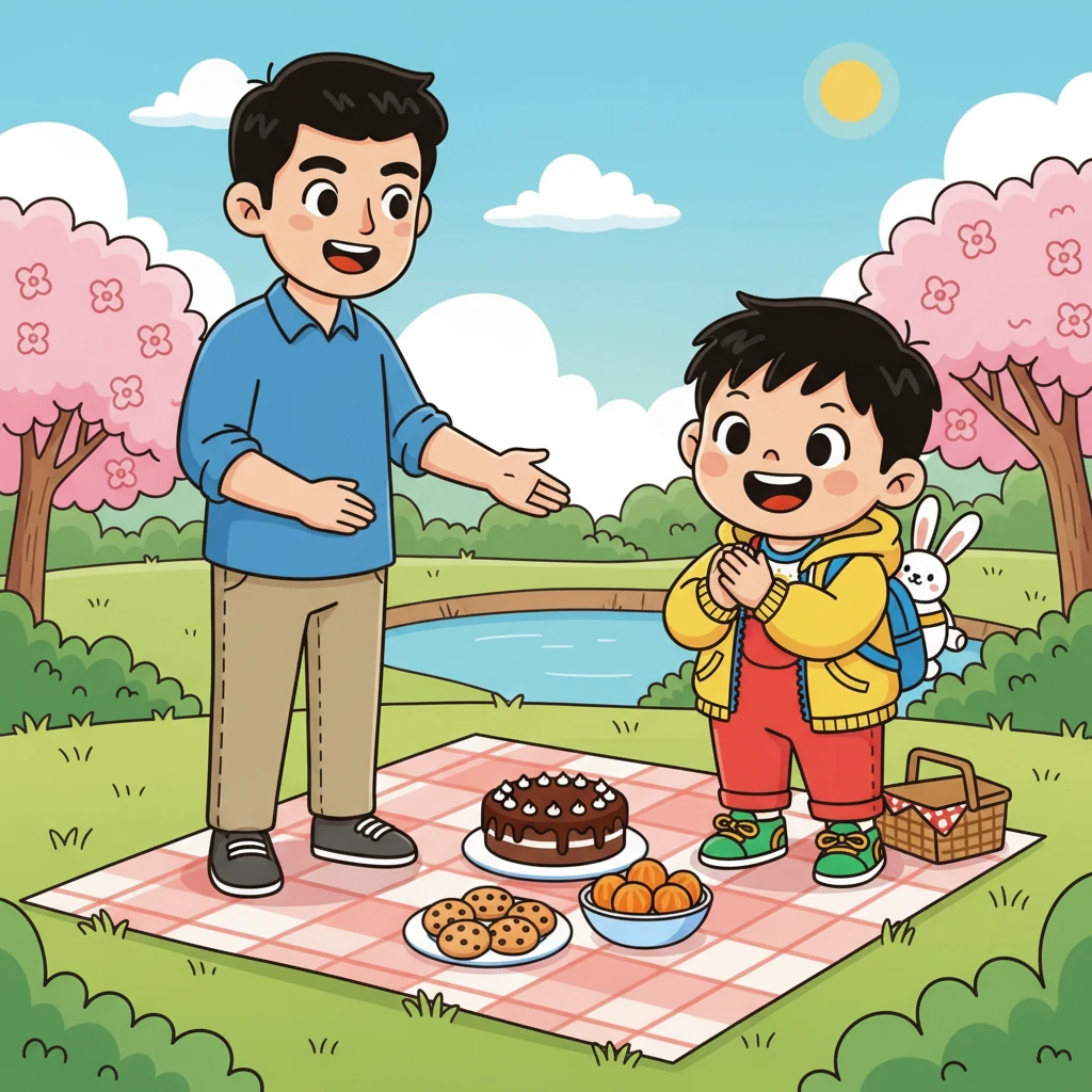 小明好奇地问爸爸：“我们可以带什么好吃的呢？” 爸爸笑着回答说：“我们可以带蛋糕、饼干和橙子，这样就可以在公园里一起分享美味的点心啦！”小明兴奋地拍手叫好。