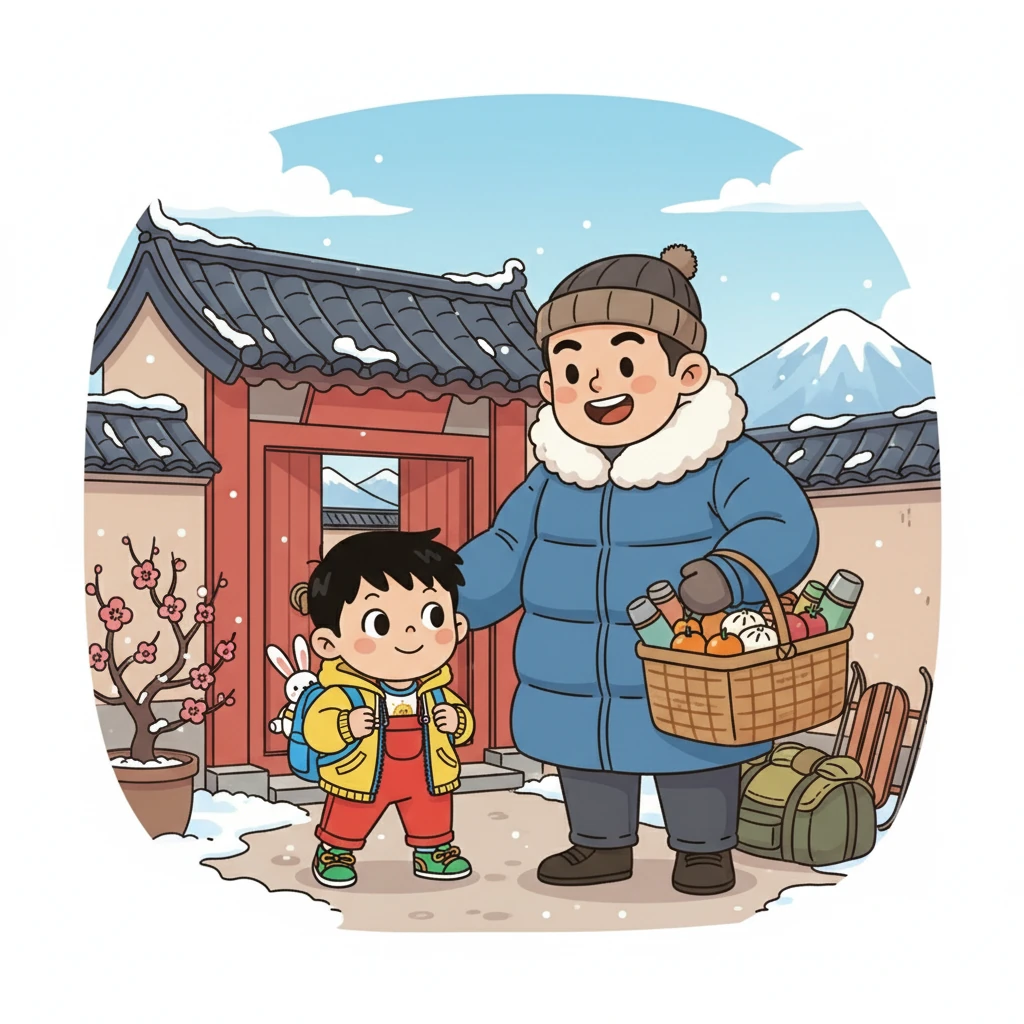 小明和爸爸准备好了食物，穿上暖和的衣服，准备出发了。小明背着小书包，里面装满了期待，爸爸也显得格外高兴，准备着和儿子一起度过美好的时光。