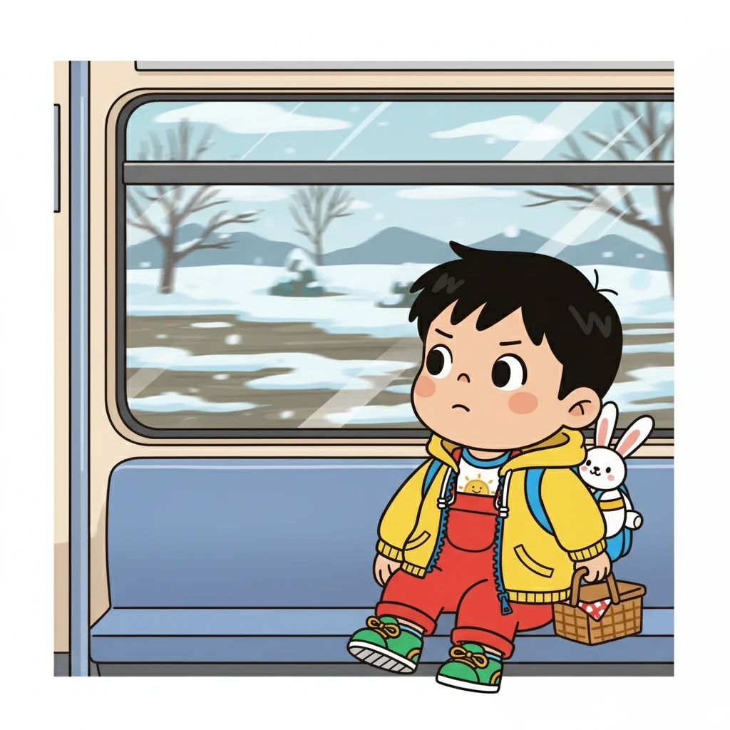 在地铁上，小明坐在窗边，目不转睛地看着外面的风景。他看到冬天的雪还没有完全融化，心里默默地数着还剩下多少雪。地铁飞速行驶，他感觉时间过得真慢。