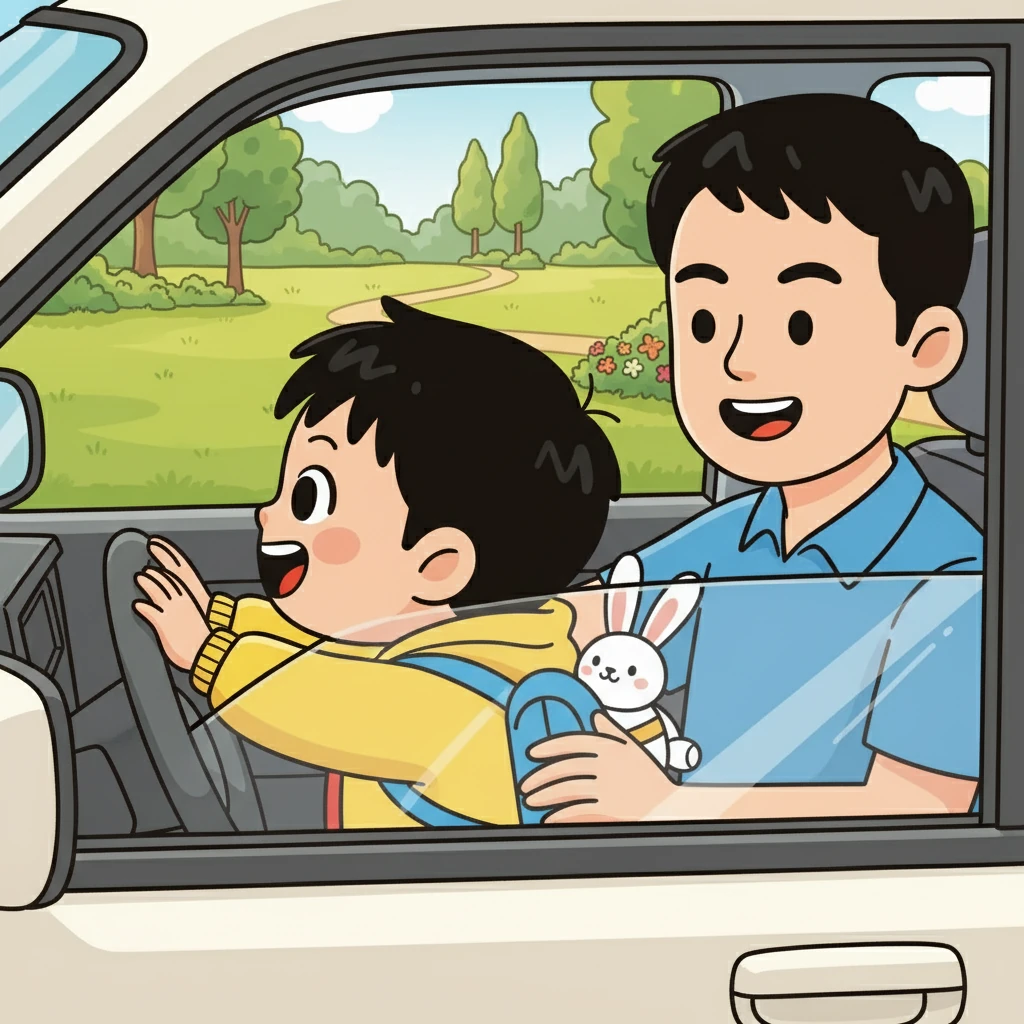 小明终于忍不住问爸爸：“我们快到了吗？” 爸爸笑着说：“快了，宝贝，等一下就可以看到公园的草地了！”小明开心地把脸贴在窗户上，等待着到达公园的那一刻。