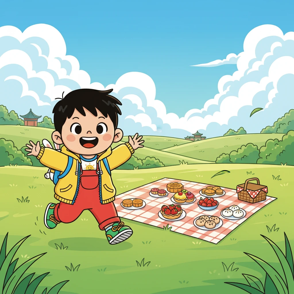 到了公园，小明迫不及待地跑了出去。他们找到了一个绿油油的草地，铺上野餐垫，开始享用美味的点心。微风拂过脸庞，小明感到无比的幸福。