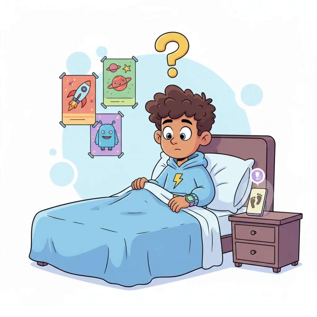 Liam, a cheerful boy with wide, curious eyes, is snuggled in his cozy bed, surrounded by fun, brightly colored posters. Suddenly, his phone on the nightstand glows with a notification bubble: 'Steps detected.' He looks puzzled, a cartoon question mark floating above his head.