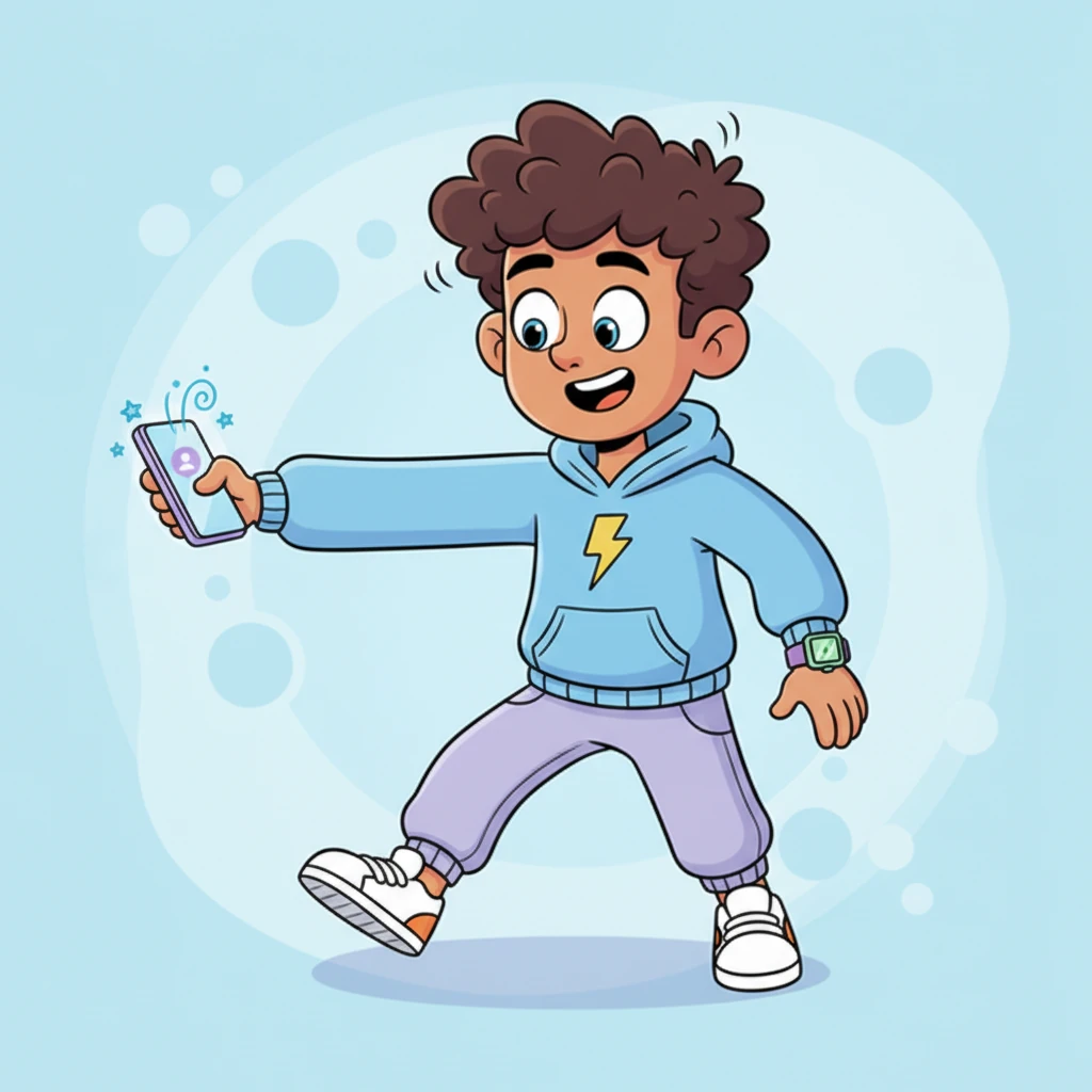 With a shrug and a little chuckle, Liam reaches over to his phone, his arm stretching comically long. He quickly swipes away the mysterious notification, dismissing it as a silly glitch. His face shows a mix of confusion and amusement, not a hint of worry.