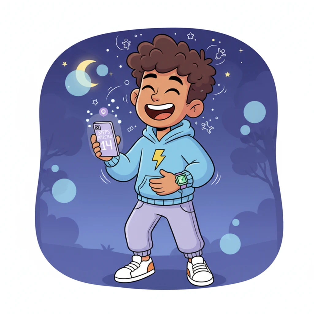 The very next night, at the exact same time, Liam's phone lights up again, this time proudly displaying 'Steps detected: 14.' Liam bursts into laughter, his whole body shaking with glee, thinking it's the funniest bug he's ever seen. He imagines tiny digital sprites dancing inside his phone.