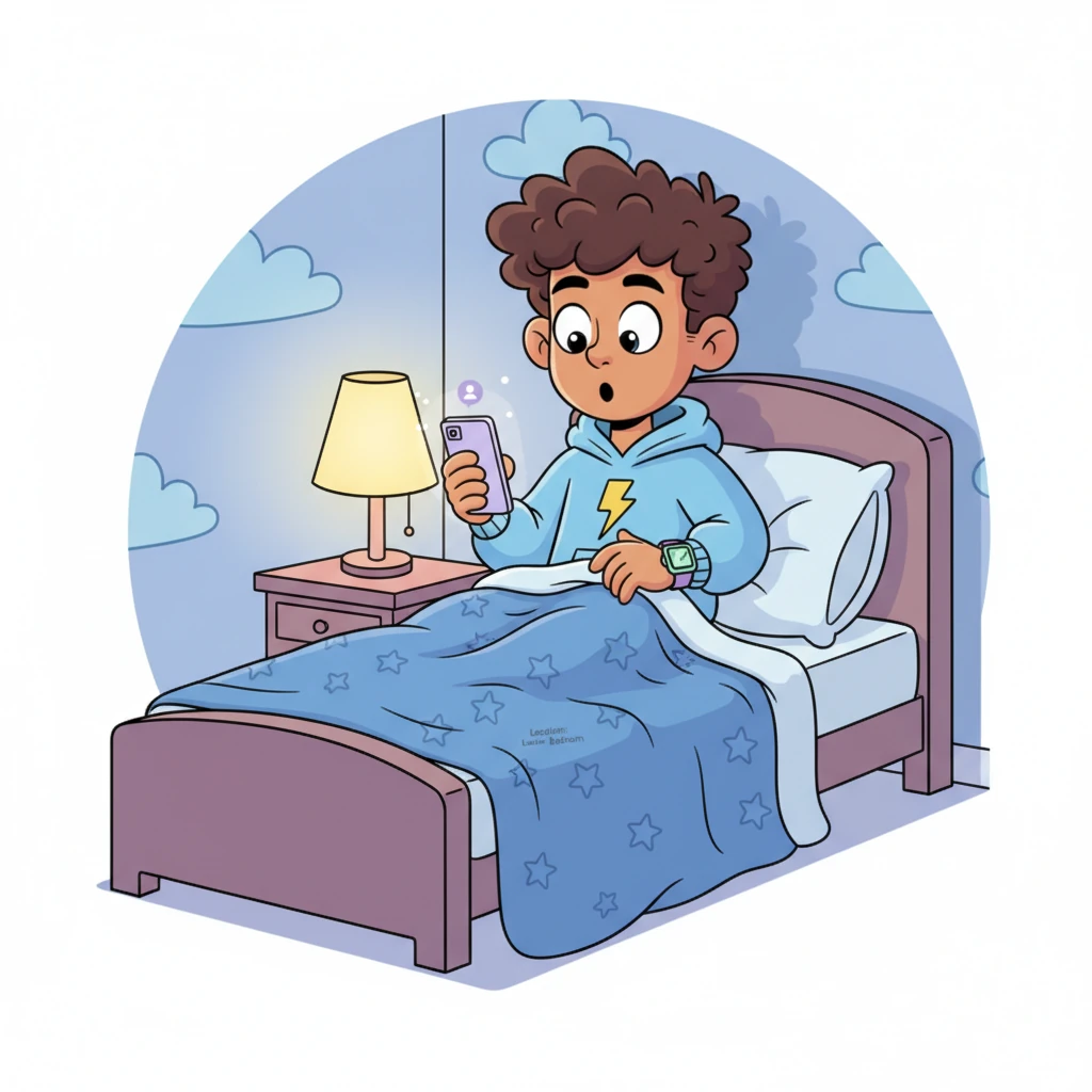 On the third night, the notification lingers, and a small gray line appears underneath: 'Location: Bedroom.' Liam's eyes pop wide open, and he sits bolt upright in bed, his heart thumping like a drum. His blanket is comically ruffled around him, showing his sudden surprise.