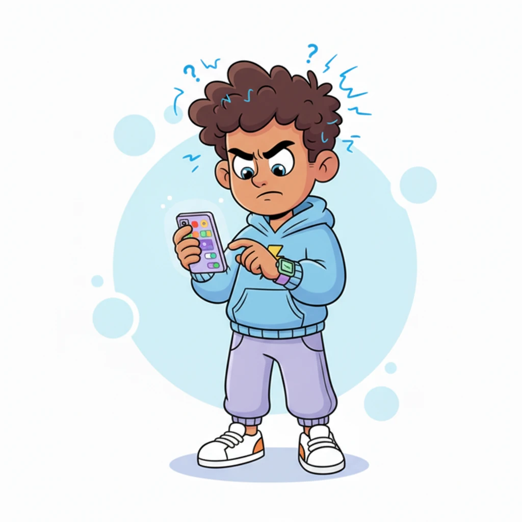 Liam, now looking determined and a little flustered, furiously taps away at his phone, checking all the app permissions. His brow is furrowed in thought, and his hair is playfully disheveled. He can't find any app that should be tracking his non-existent midnight strolls.