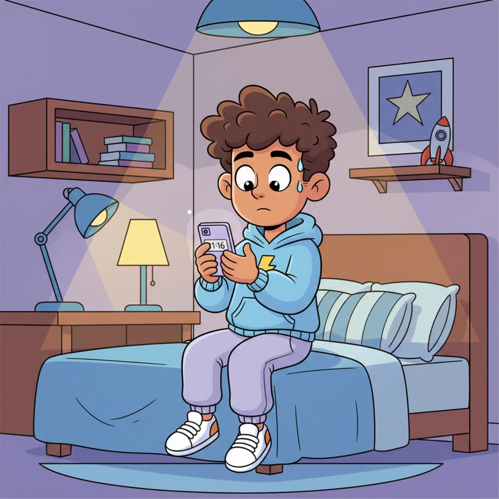 The fourth night finds Liam sitting on his bed like a statue, every single lamp in his room blazing with light. He's staring intently at his phone, held firmly in both hands, waiting for 11:17 to strike. A tiny bead of sweat comically rolls down his forehead.