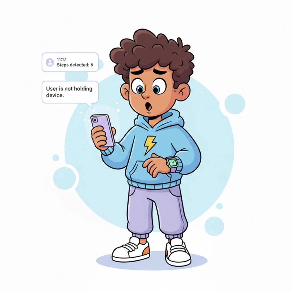 Exactly at 11:17, the notification 'Steps detected: 6' pops up, followed immediately by 'User is not holding device.' Liam stares at his phone in disbelief, then back at his hands, which are clearly clutching the device. His mouth forms a perfect, cartoonish 'O' of confusion.