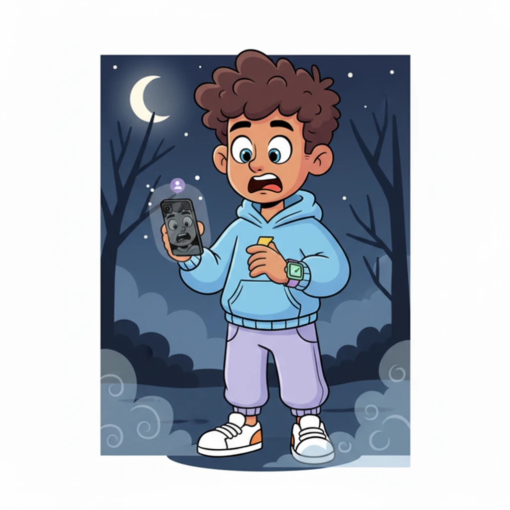 The steps freeze at 13, and then one final, chilling message appears: 'Steps detected: 1. Location: Behind you.' Liam's phone screen goes completely black, reflecting his terror-stricken face. His jaw drops, and his eyes are as big as saucers.