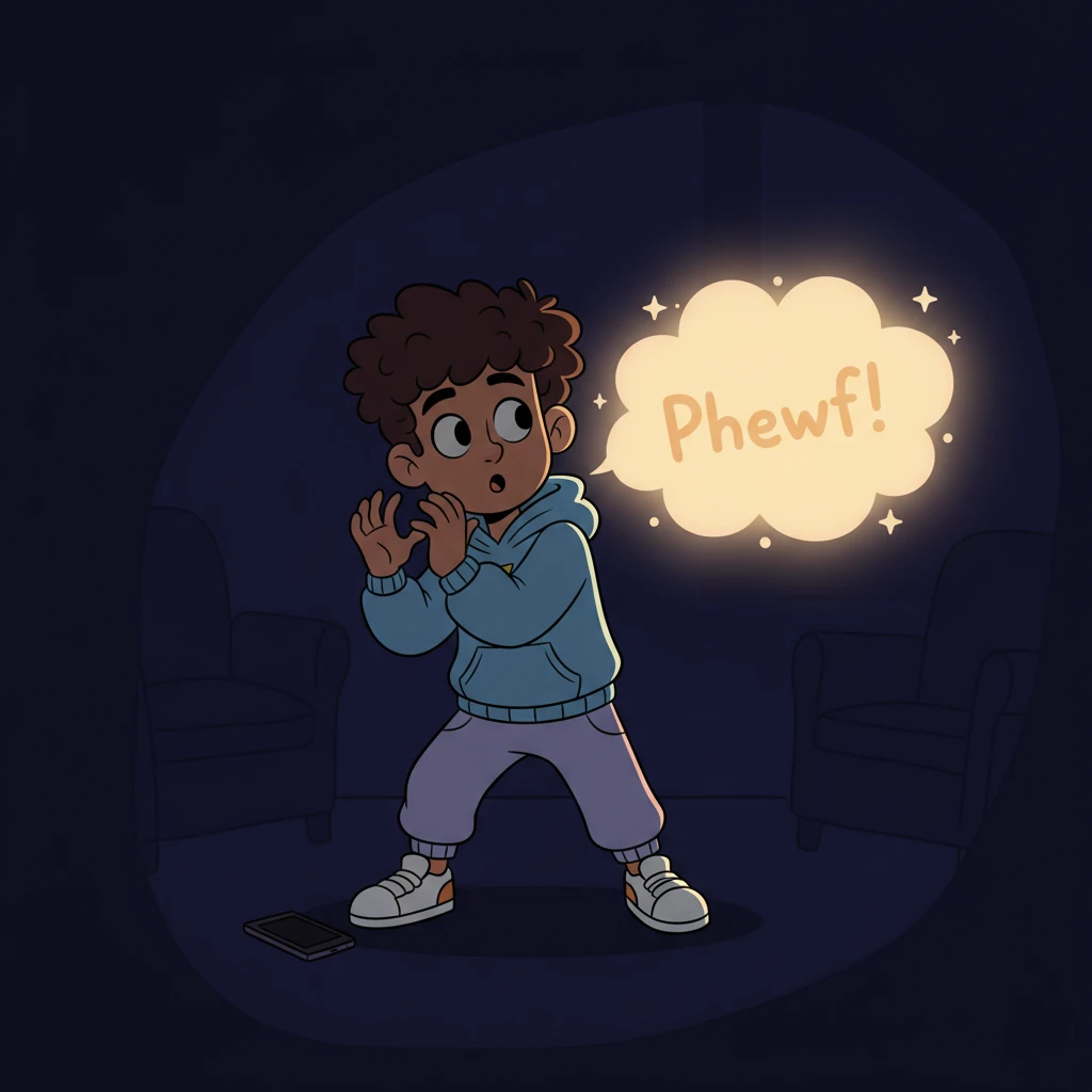 Suddenly, all the lights in Liam's room flicker out, plunging everything into inky darkness. A soft, playful 'Phewf!' sound is heard behind him, and Liam's silhouette is frozen in a moment of delightful fright, wondering what whimsical friend has finally arrived.