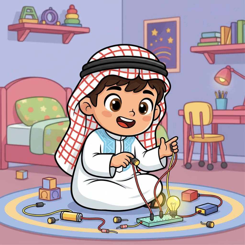 أومي الصغير، بابتسامته الواسعة وشعره المنكوش، يجلس على أرضية غرفته الملونة، محاطًا بأسلاك لامعة ومصابيح صغيرة. عينيه تلمعان بالفضول وهو يحدق في دائرة كهربائية بسيطة صنعها بنفسه، يتساءل كيف تسري الكهرباء وتضيء المصباح.