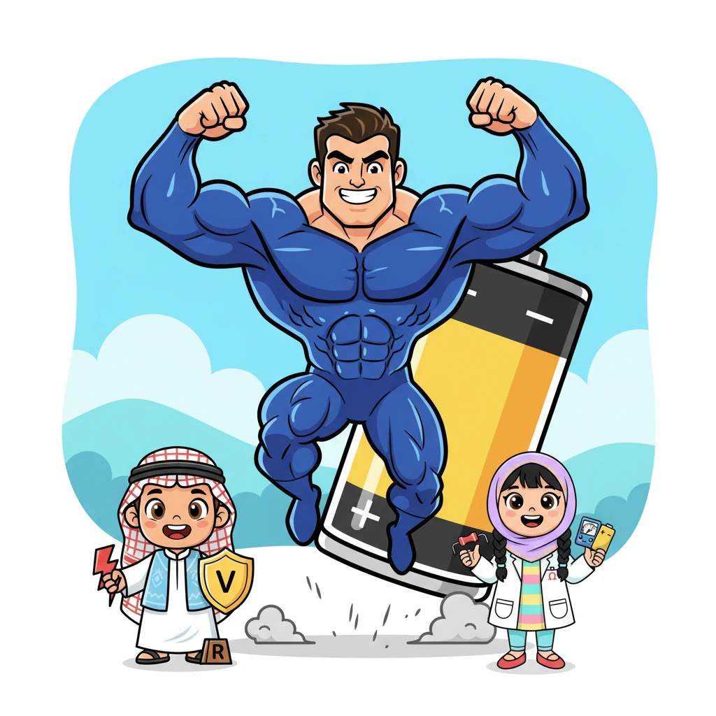 فجأة، يظهر من خلف البطارية العملاق "فولت" ذو العضلات المفتولة، يرتدي بدلة زرقاء لامعة ويقفز بحماس. فولت هو القوة الدافعة، يمثل الجهد الذي يدفع كل شيء للأمام بقوة وحيوية.