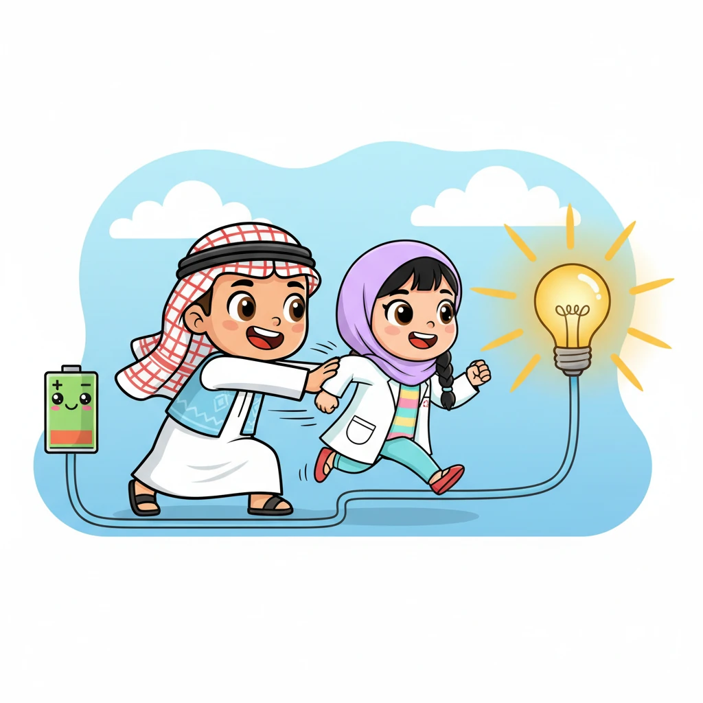 فولت يلوح بذراعه القوية نحو أمبير، مشجعًا إياه على الانطلاق عبر الأسلاك المتصلة بالمصباح. يبتسم فولت ابتسامة عريضة، يدفع أمبير بقوة ليمر عبر الدائرة ويجعل المصباح يضيء.