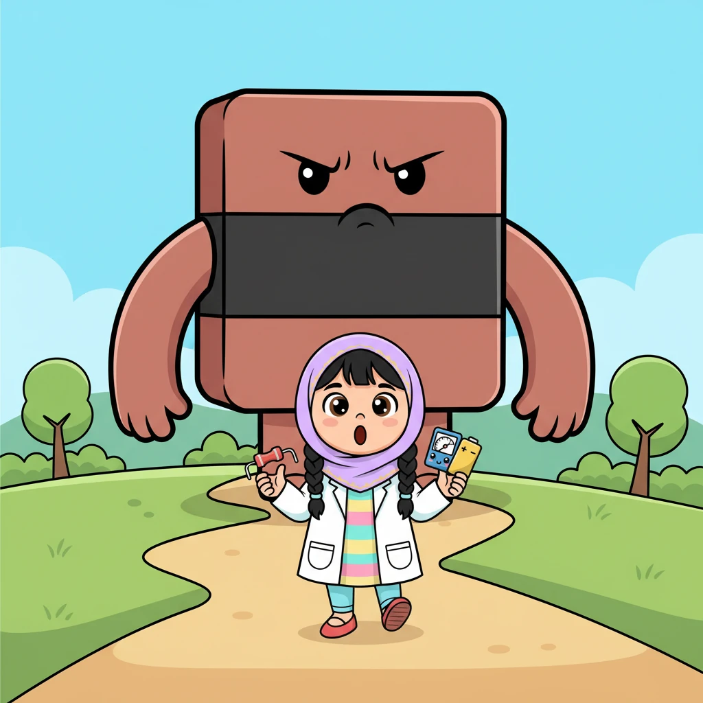 ولكن مهلاً! يظهر أمام أمبير فجأة "ريزيستور" الضخم، بملامحه العابسة وجسمه المربع المتصلب، يسد الطريق بكتلته الصلبة. ريزيستور هو المقاومة، يحب عرقلة الأمور وإبطاء الحركة.