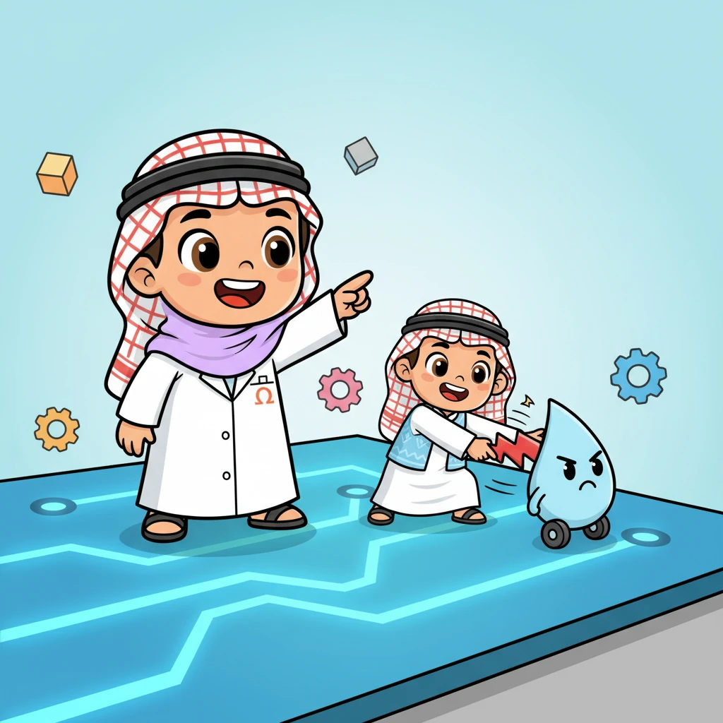 يراقب أومي المشهد بحماس، ويفهم أن فولت هو القوة الدافعة التي تدفع أمبير (التيار) عبر الدائرة. يشير أومي بإصبعه الصغير، موضحًا أن فولت يحاول جعل أمبير يتحرك.