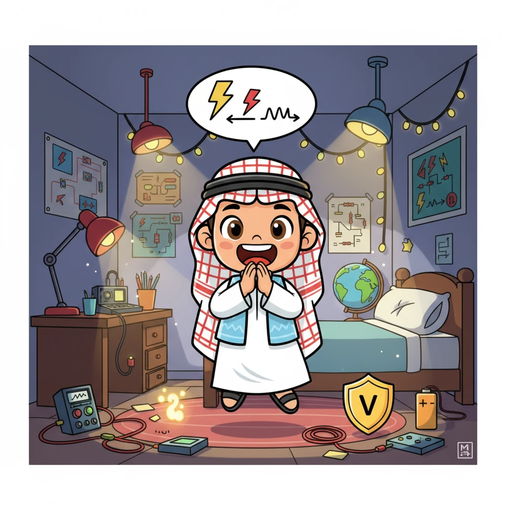 يصفق أومي بيديه بفرح، وقد فهم السر العظيم للكهرباء. يصرخ بحماس: "الجهد يساوي التيار مضروبًا في المقاومة! هذا هو قانون أوم!" وتضيء كل المصابيح في غرفته ببهجة.