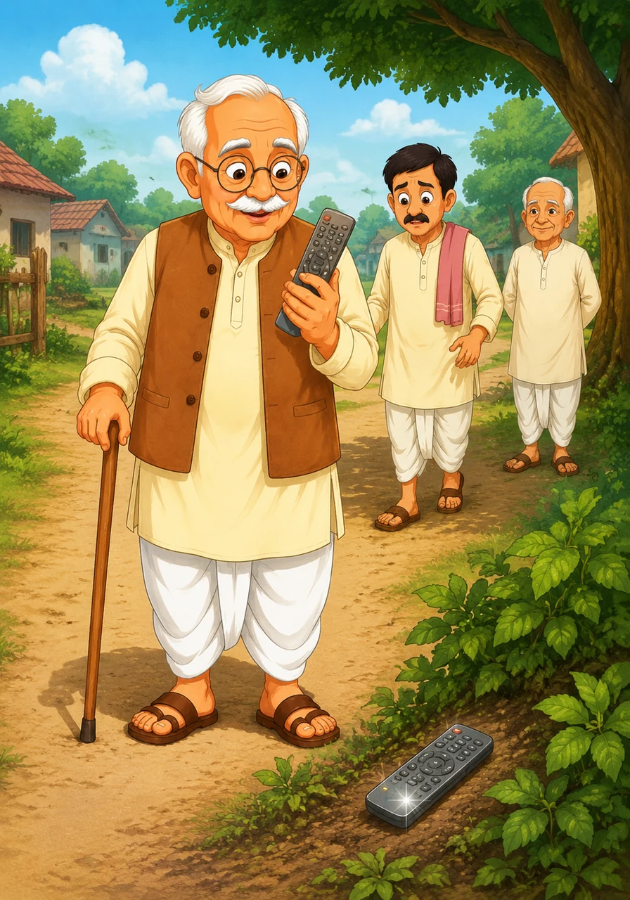 हरि दादा गाँव की धूल भरी पगडंडी पर टहल रहे थे, तभी उनकी नज़र झाड़ियों के पास पड़े एक पुराने और चमकते हुए रिमोट पर पड़ी। उन्होंने उसे उत्सुकता से उठा लिया और सोचने लगे कि यह अनोखी चीज़ यहाँ कहाँ से आई होगी।