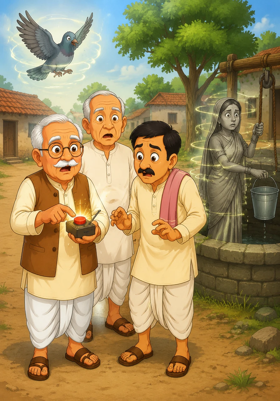 हैरानी में आकर उन्होंने रिमोट का बड़ा लाल बटन दबा दिया और तभी एक चमत्कार हुआ। अचानक पूरा गाँव एक पल में ठहर गया—हवा में उड़ता पक्षी रुक गया और कुएँ से पानी भरती महिला पत्थर की मूर्ति जैसी बन गई।