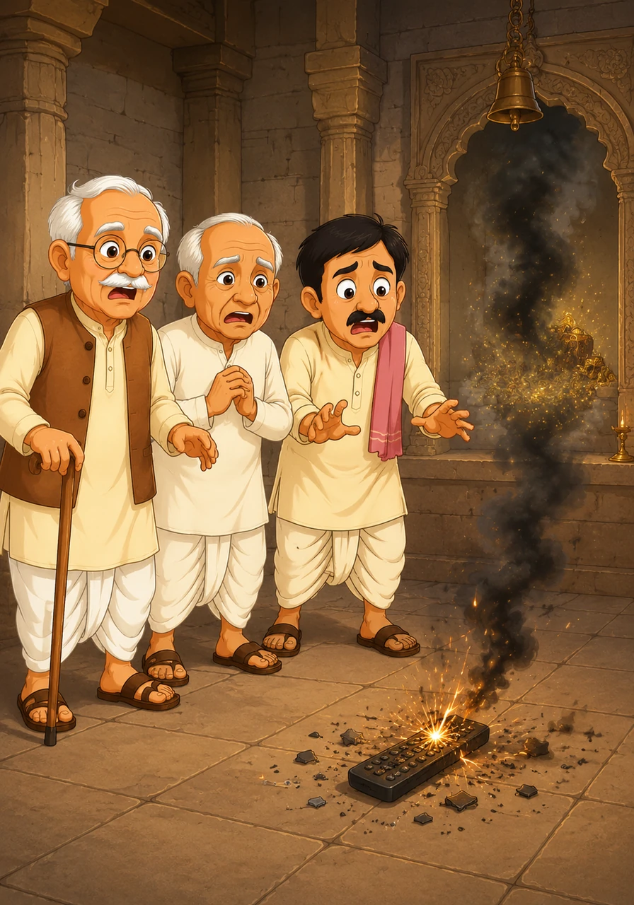 लेकिन अचानक रिमोट से ज़ोरदार चिंगारियाँ निकलीं और उसमें से काला धुआँ उठने लगा। रिमोट एक बेकार प्लास्टिक का टुकड़ा बन गया और मंदिर के पास दिखने वाला खज़ाना भी अचानक गायब हो गया।