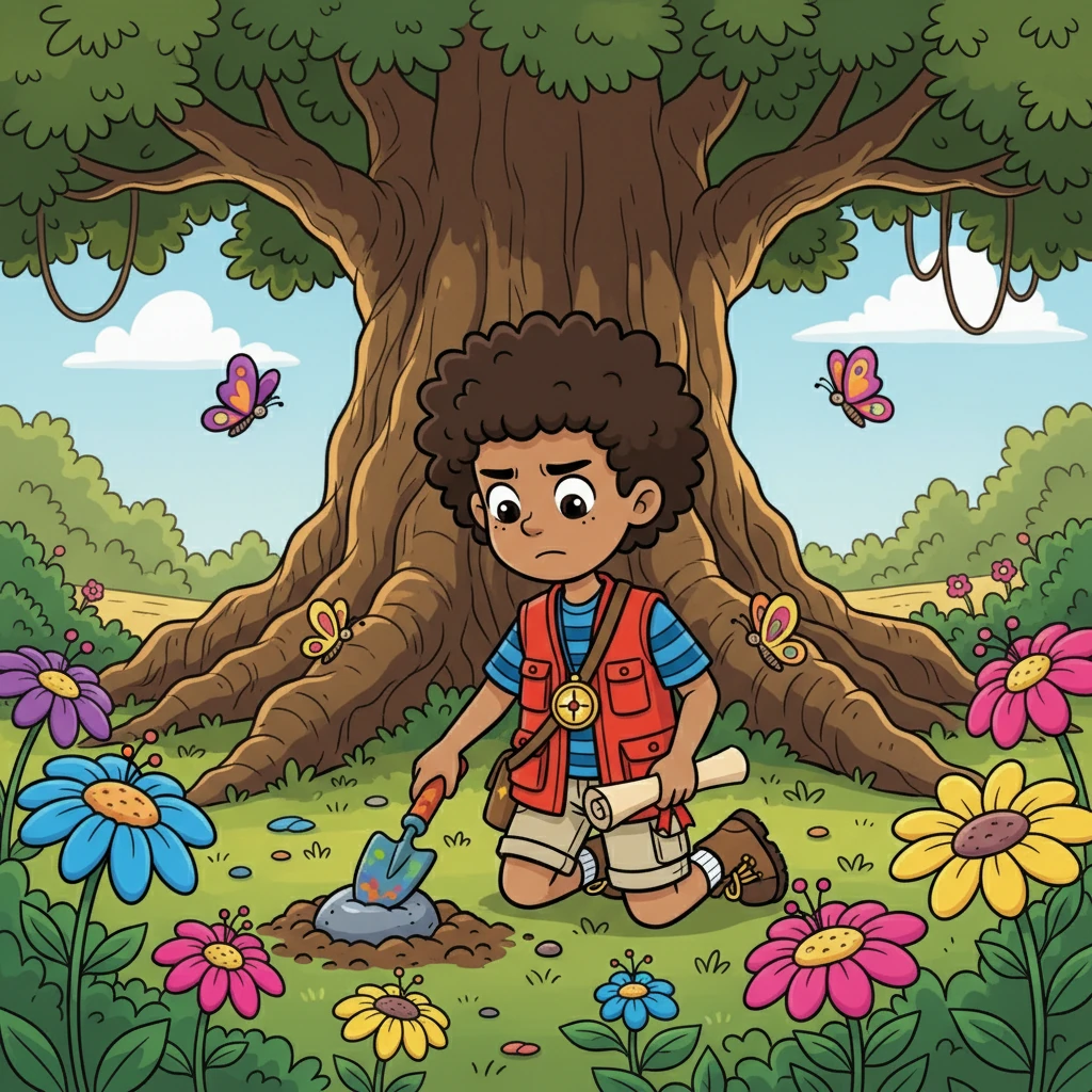 Isaiah's first clue led him to a hidden garden, where colorful flowers bloomed and butterflies danced. He dug beneath a giant oak tree, his brow furrowed in concentration. Instead of gold, he found a small, smooth stone, feeling a little confused.