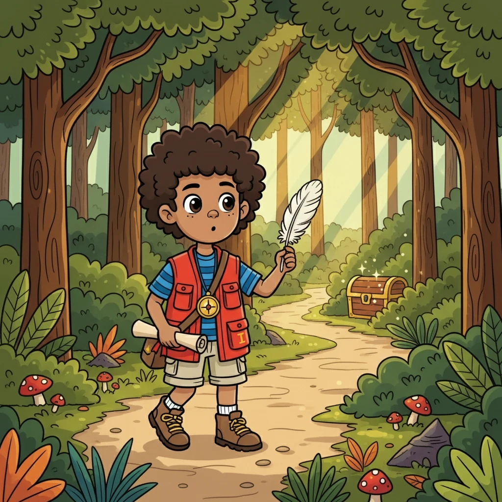 Continuing his search, Isaiah ventured into the woods. Sunlight streamed through the leaves, illuminating the path. He followed a winding trail, hoping to find a glittering chest filled with riches, but all he found was a feather.