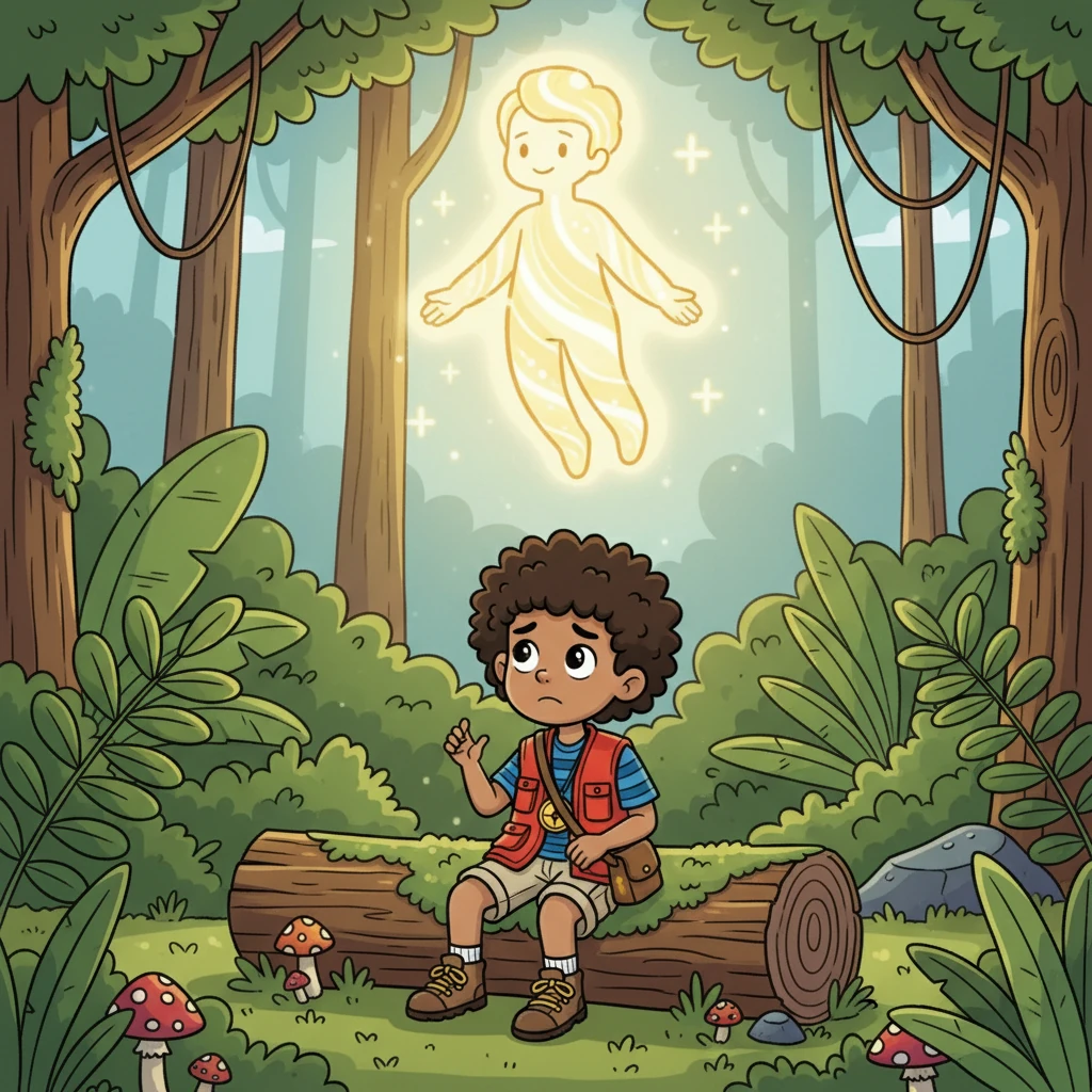 Frustrated, Isaiah slumped onto a mossy log. He didn't understand why he wasn't finding any 'treasure.' Suddenly, he heard a gentle voice. Looking up, he saw a radiant figure, a being of pure light, smiling down at him.