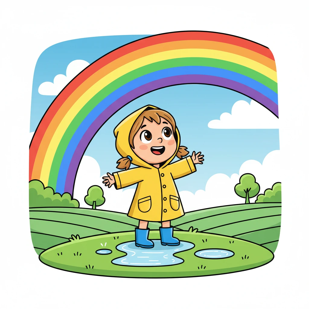 Depois da chuva, Lila olhou para o céu. Um arco-íris enorme e vibrante cortava o azul, um espetáculo de cores que a deixou maravilhada. Seus olhos brilharam com a promessa de uma aventura.