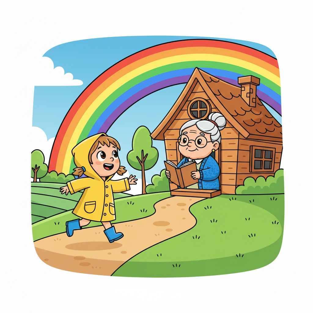 Lila correu para a casa da vovó, ansiosa por saber mais. A vovó, com um sorriso gentil, ajeitou os óculos e contou a história do pote de ouro no fim do arco-íris.