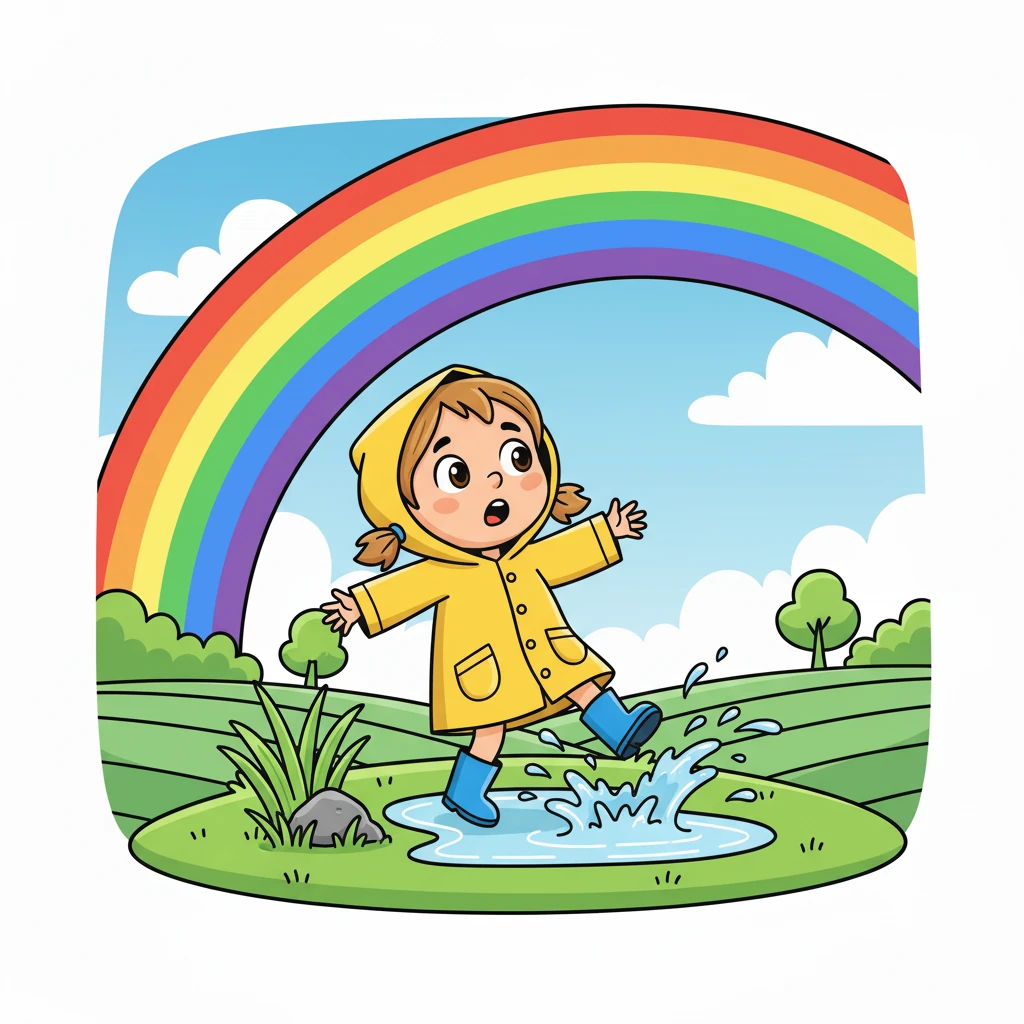 Determinada, Lila partiu em busca do fim do arco-íris, correndo pelos campos e poças. Distraída com as cores, ela tropeçou em uma pedra e caiu.