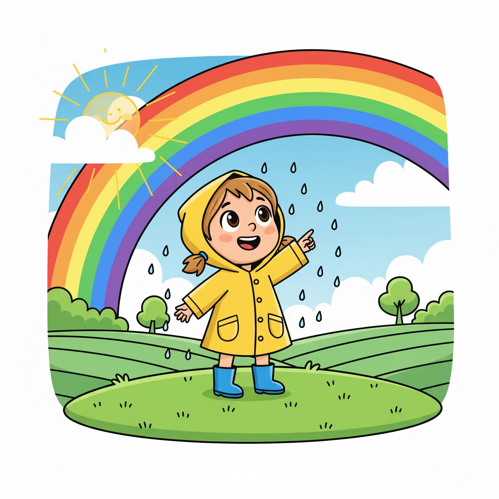 Finn explicou a Lila que o arco-íris nasce da colaboração entre o sol e a chuva. A luz do sol se divide em sete cores ao passar pelas gotinhas de água.