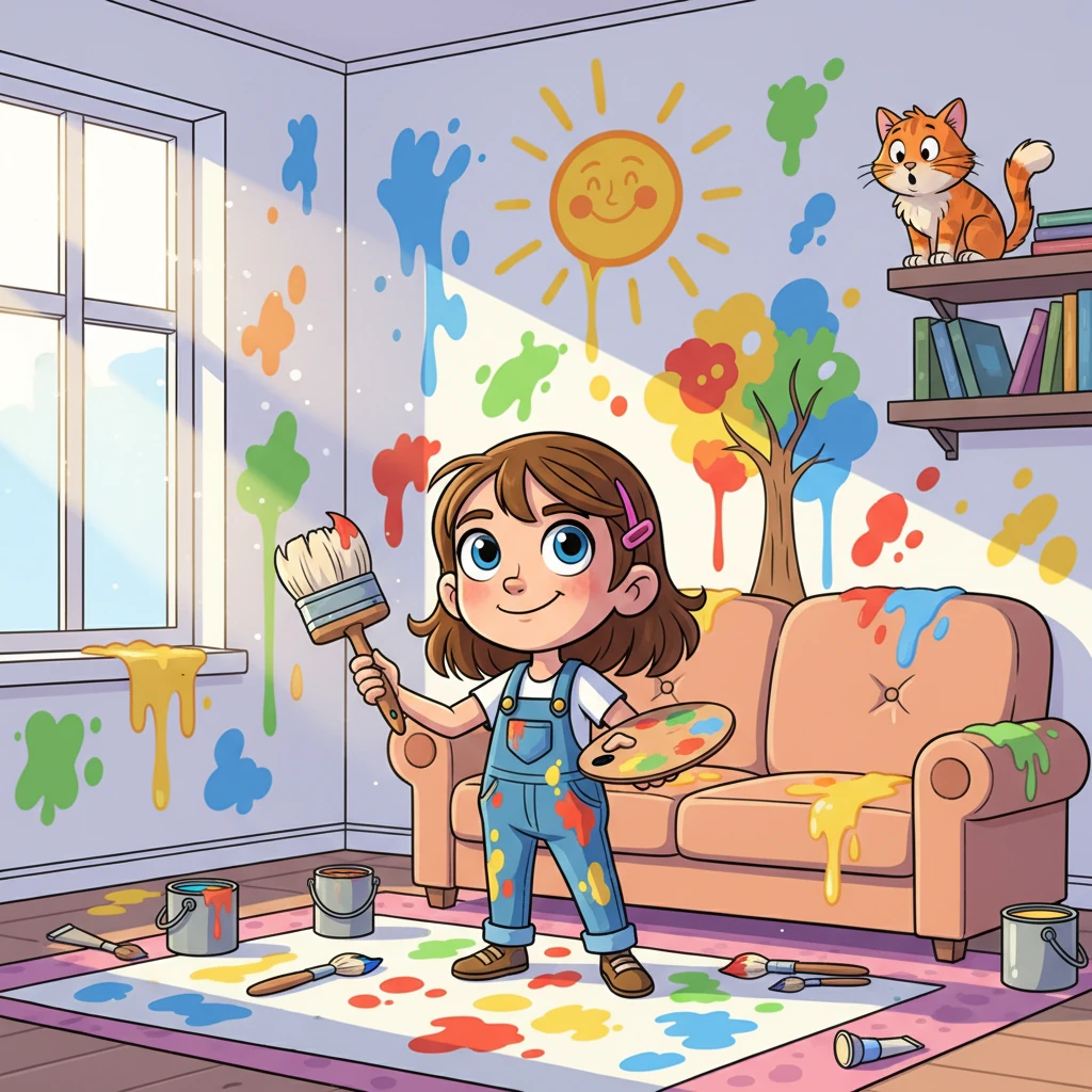 Misk, a little girl with bright eyes and a mischievous grin, loved to paint. Her favorite place to paint was anywhere and everywhere! Today, her adventure began in the sunny living room, where she decided the blank walls needed a touch of color.