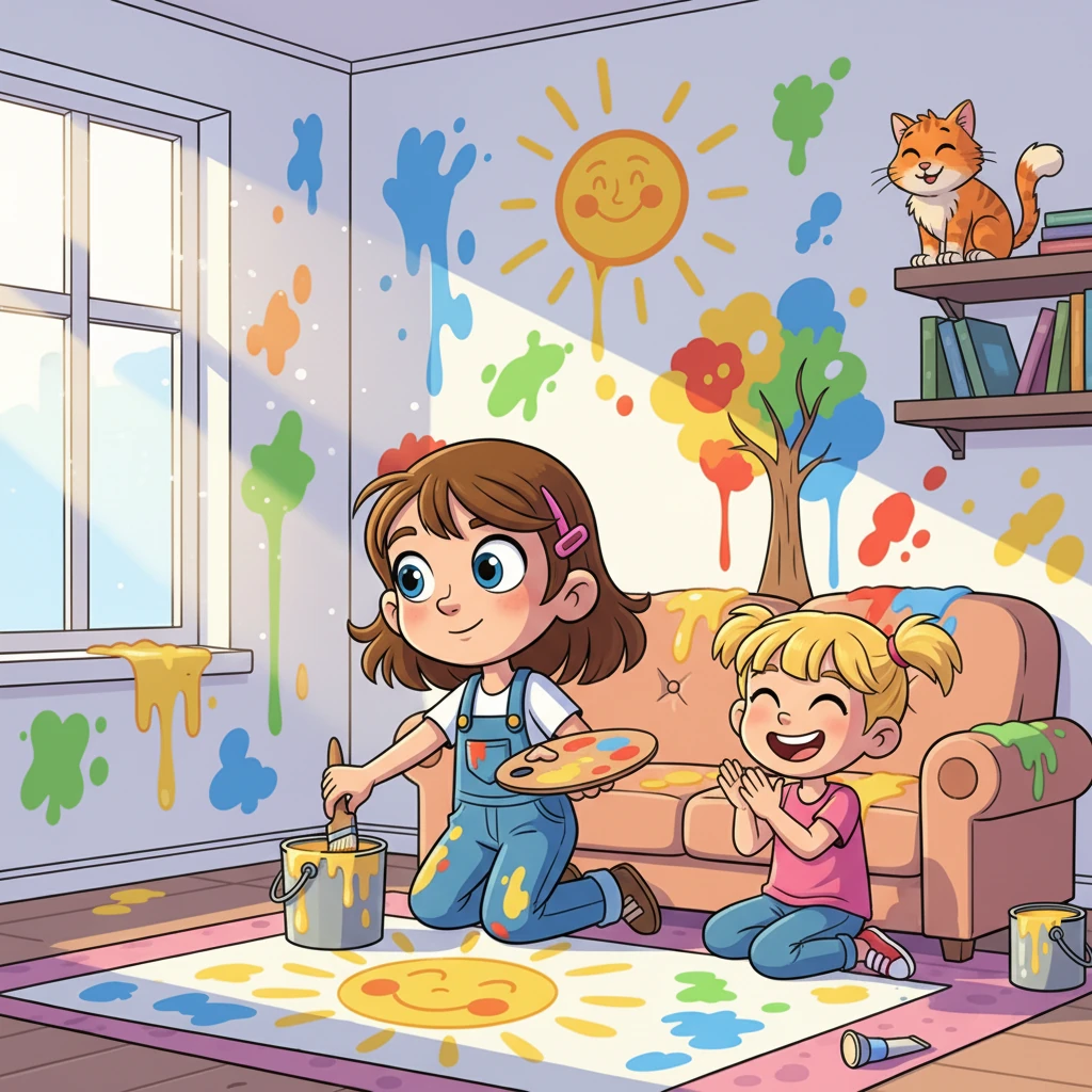 Suddenly, Misk decided the floor needed some art, too! She dipped her brush into a pot of bright yellow and started painting a giant sun. Her sister, Meriem, clapped her hands with delight.