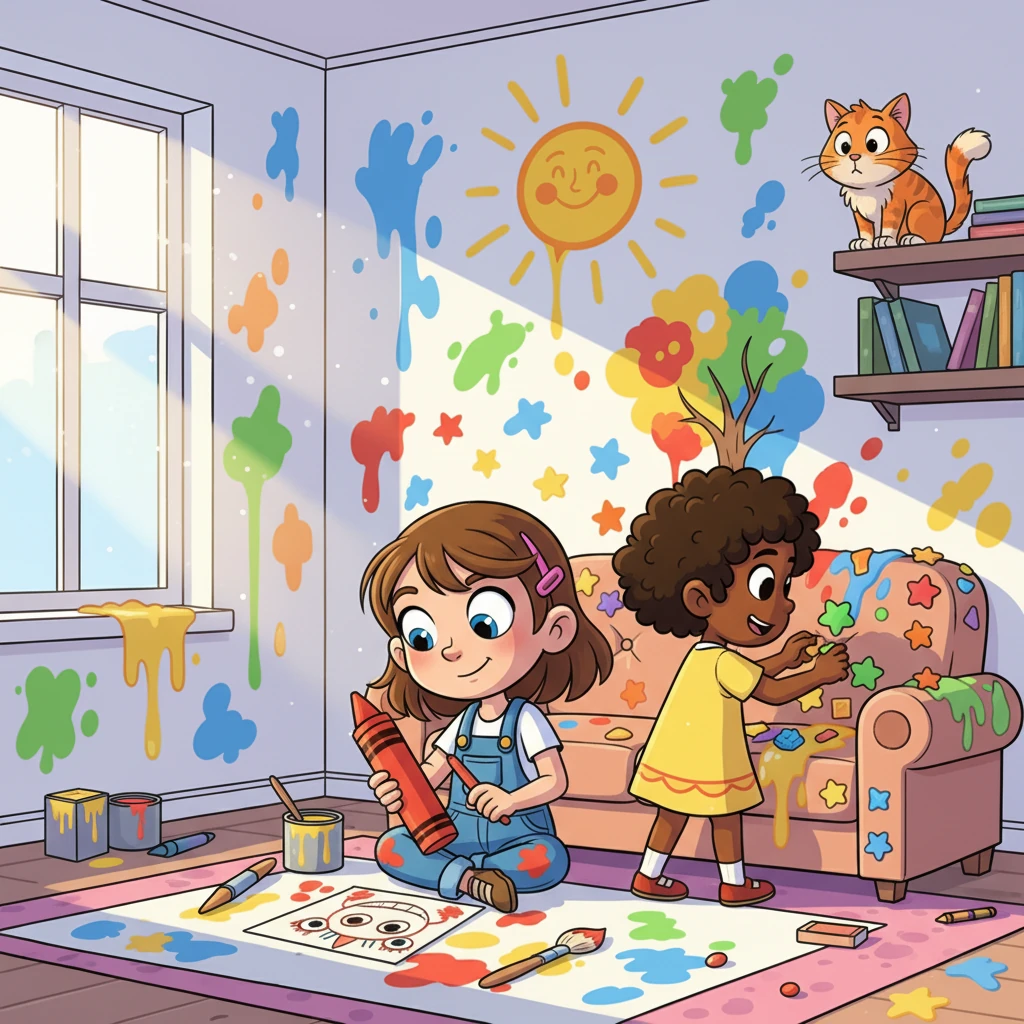 Ali, inspired by Misk's creativity, grabbed a crayon and began to draw a picture of a friendly monster. Meriem found some colorful stickers and began decorating the furniture, turning the house into a playful wonderland.