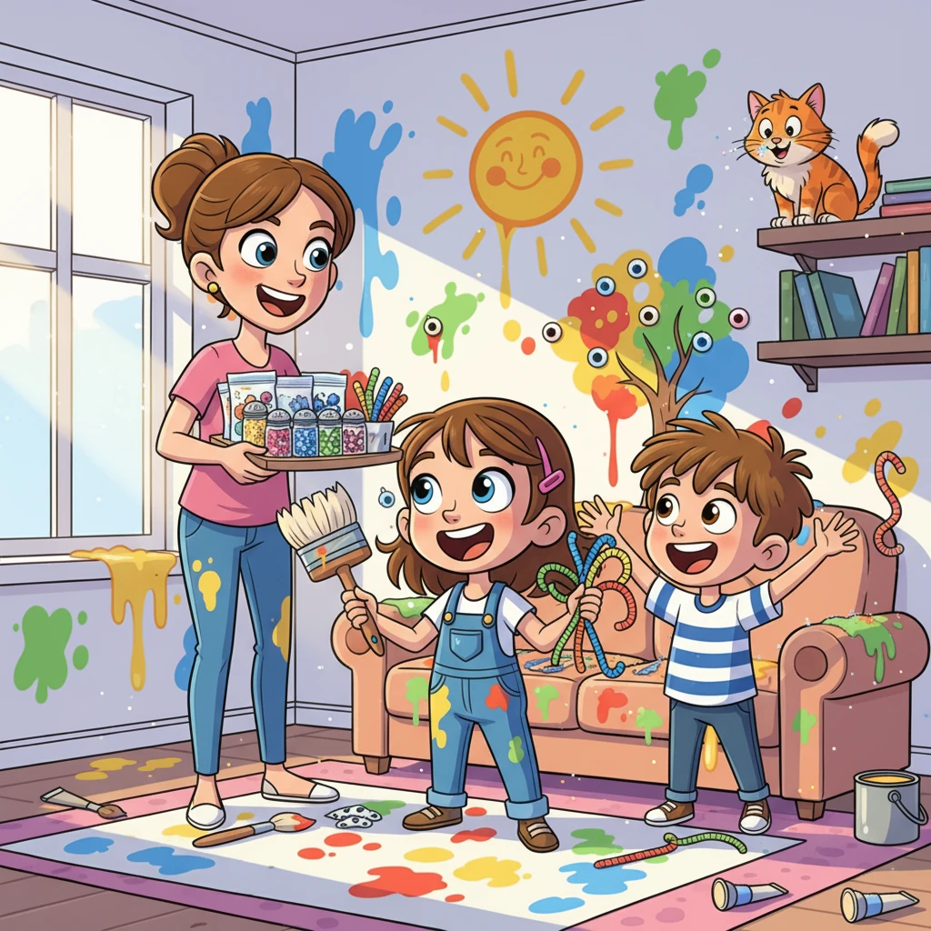 Mom brought out some more art supplies: glitter, googly eyes, and pipe cleaners! The children cheered, ready for more creative fun. The living room became a buzzing hub of artistic energy.